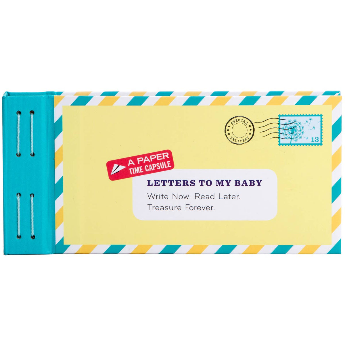 Book titled 'Letters to My Baby' with a yellow cover and blue spine on a white background