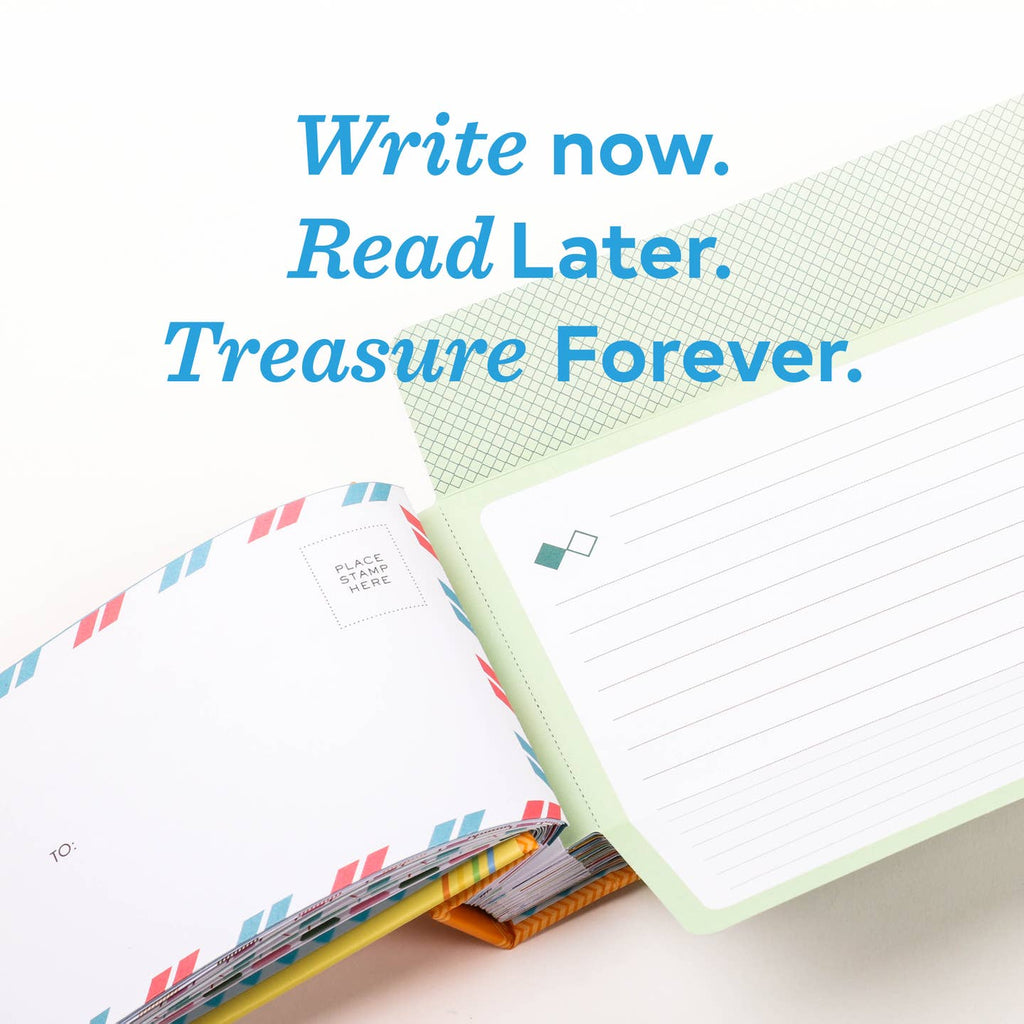 Notebook with colorful stationery items and text 'Write now. Read Later. Treasure Forever.'