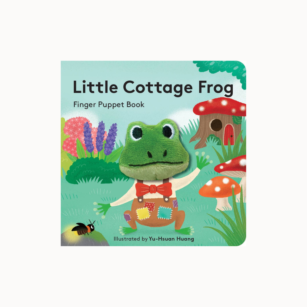Little Cottage Frog Finger Puppet Book by Yu-Huan Huang, featuring a colorful illustration of a green frog puppet wearing a red bow tie on a light blue background with whimsical woodland elements.