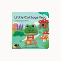 Little Cottage Frog Finger Puppet Book by Yu-Huan Huang, featuring a colorful illustration of a green frog puppet wearing a red bow tie on a light blue background with whimsical woodland elements.