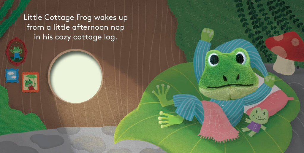 Illustration of a frog waking up from a nap in a cozy cottage log with a green background.
