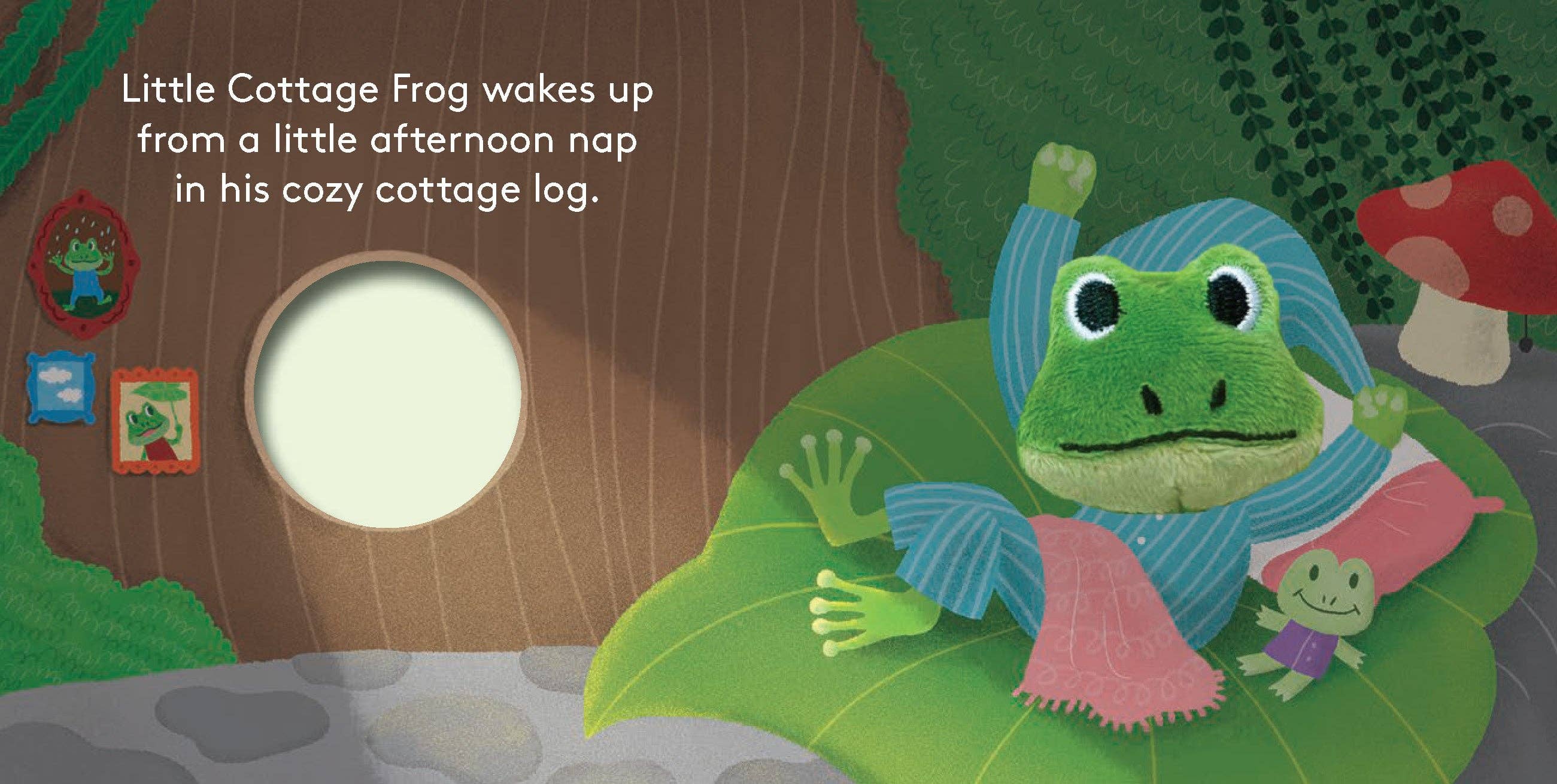 Illustration of a frog waking up from a nap in a cozy cottage log with a green background.