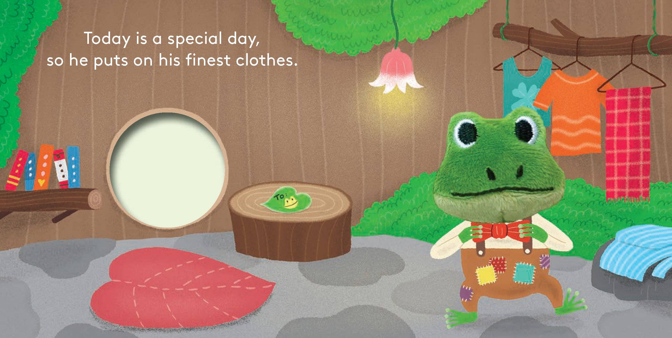 Illustration of a frog character getting ready for a special day, with clothes and a mirror in the background.