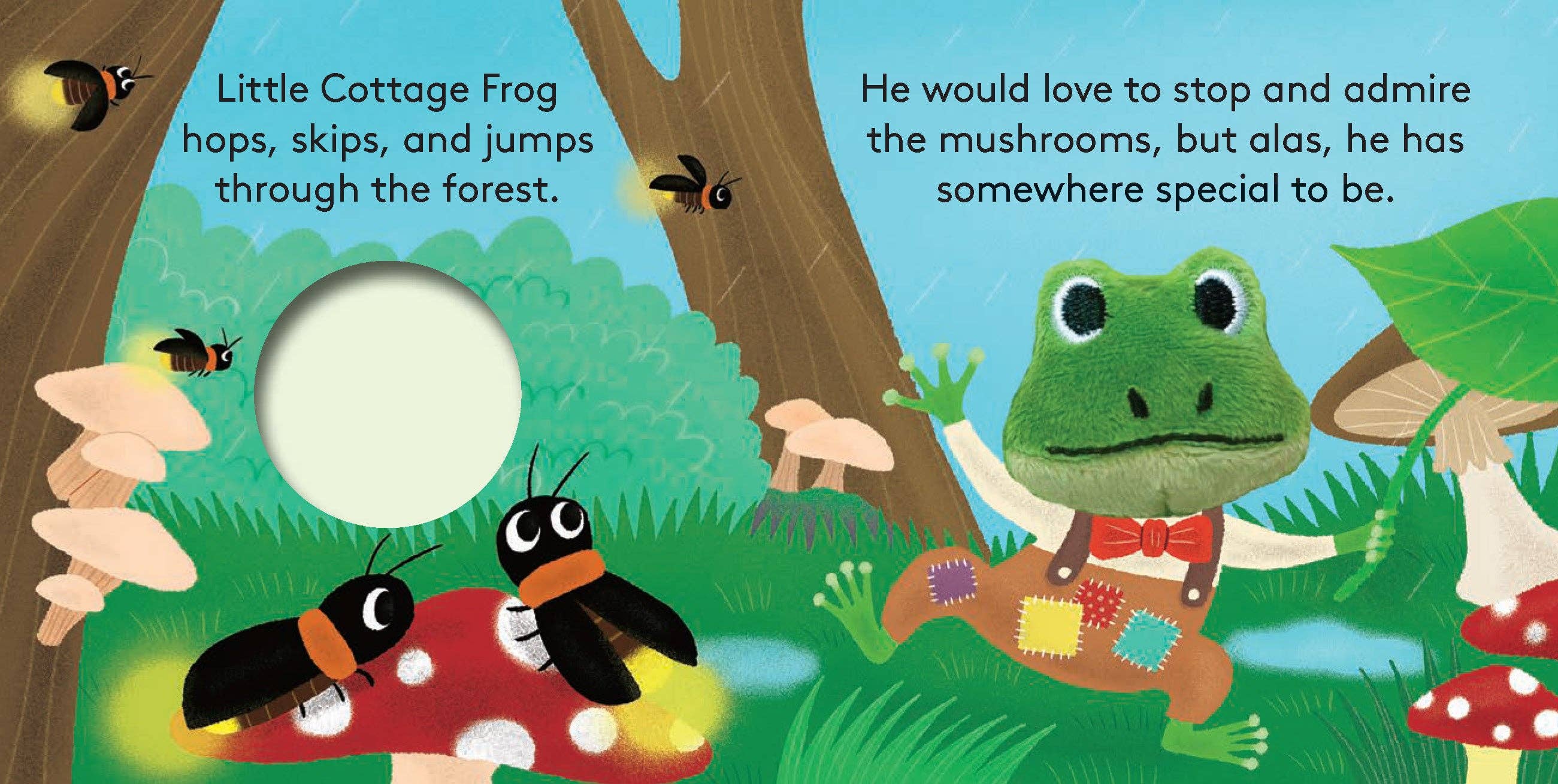 Illustration of a frog character in a forest with text about a cottage frog's adventures.