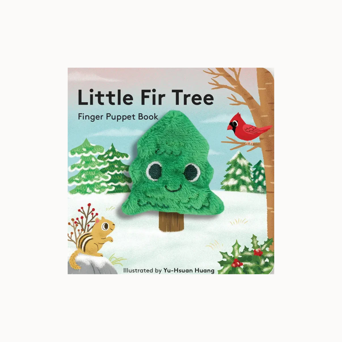Little Fir Tree Finger Puppet Book featuring a felt green pine tree puppet in a snowy winter scene with a cardinal, squirrel, and evergreen trees on the cover.