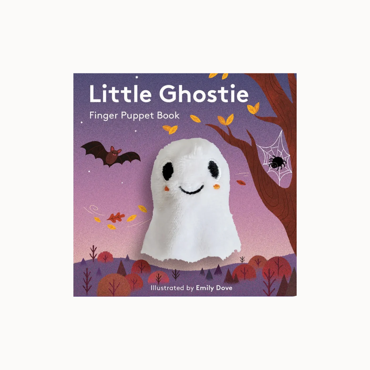 Front cover of the children's book 'Little Ghostie Finger Puppet Book' showing a white ghost finger puppet centered on a Halloween-themed illustrated background with purple sky, bat, spiderweb, tree, and leaves.