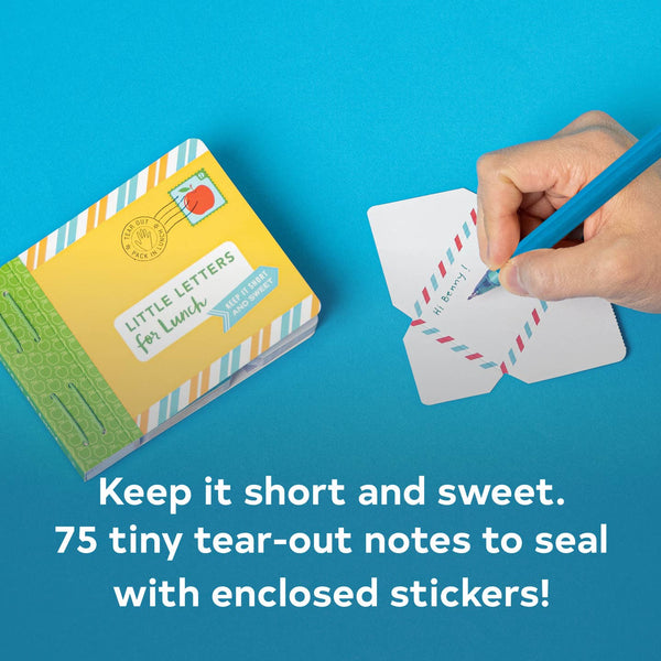 Product packaging with tear-out notes and a hand holding a pen on a blue background