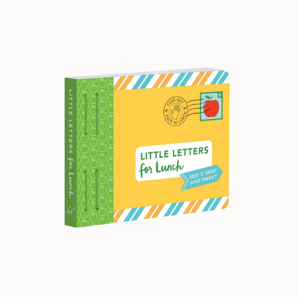 Little Letters for Lunch children's book set shown at an angle, featuring a bright yellow cover with a postage stamp illustration and a green patterned spine on a light gray background.