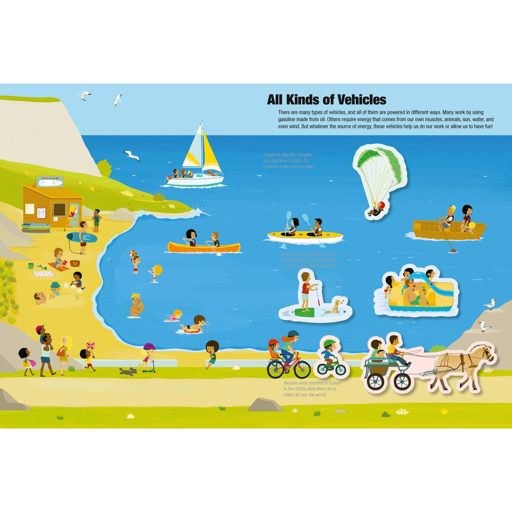 Illustration of various vehicles and people at a beach with text 'All Kinds of Vehicles'.