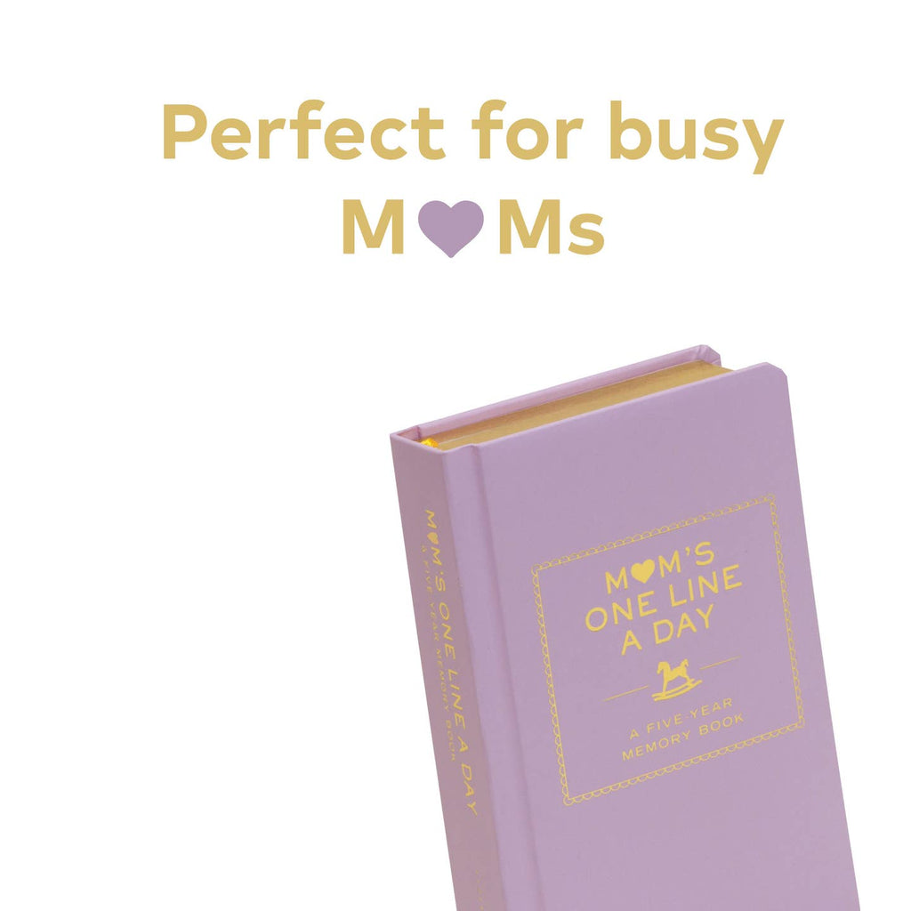 Purple book titled 'Mom's One Line a Day' on a white background with text 'Perfect for busy M❤️ Ms'.