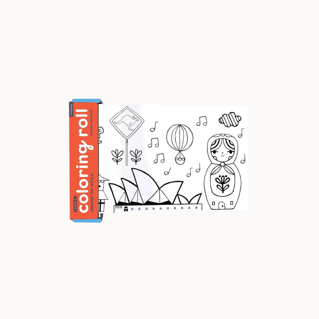 A coloring roll product shown on a plain light background, with an orange label reading 'coloring roll' and a white sheet featuring black outline illustrations including a matryoshka doll, hot air balloon, musical notes, and a kangaroo.