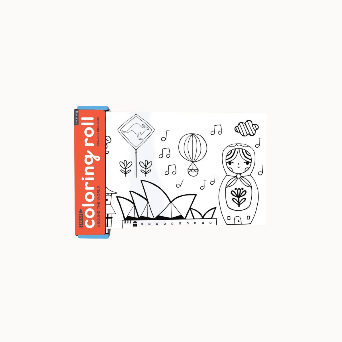 A coloring roll product shown on a plain light background, with an orange label reading 'coloring roll' and a white sheet featuring black outline illustrations including a matryoshka doll, hot air balloon, musical notes, and a kangaroo.
