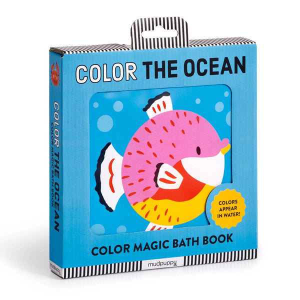 Color Magic Bath Book packaging with a fish illustration on a blue background
