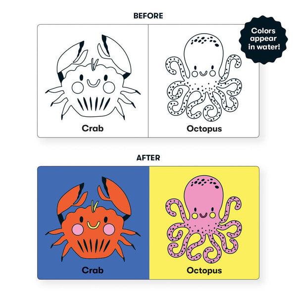 Illustration of a crab and octopus with coloring examples on a white background.