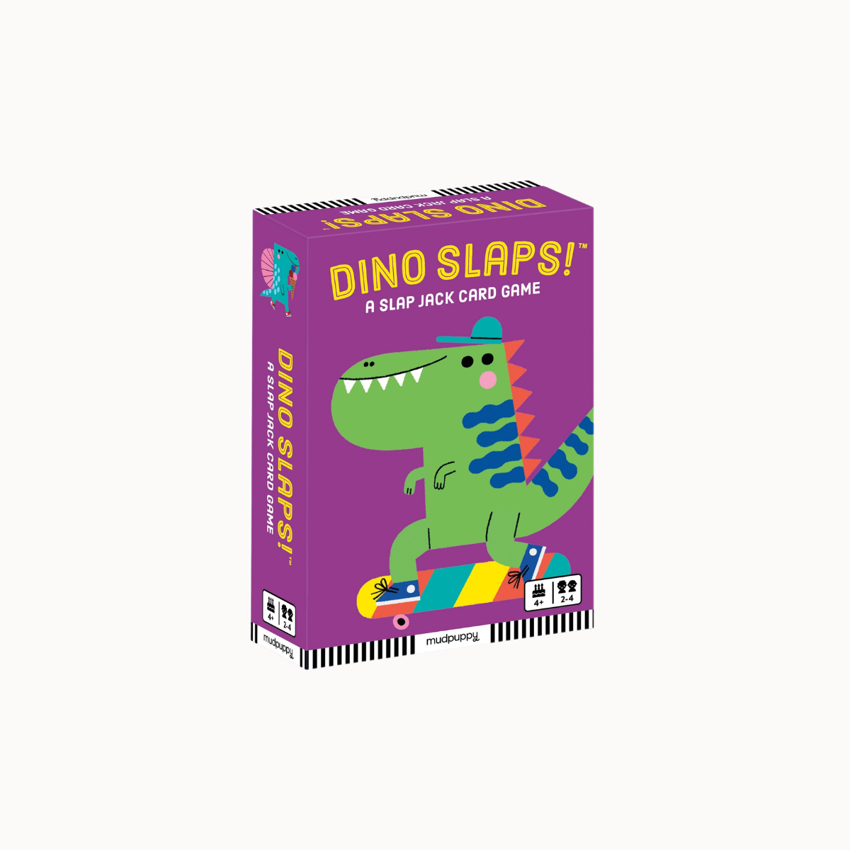 Dino Slaps! A Slap Jack Card Game box by Mudfish Games, featuring a purple background with a green cartoon dinosaur and a colorful striped skateboard.