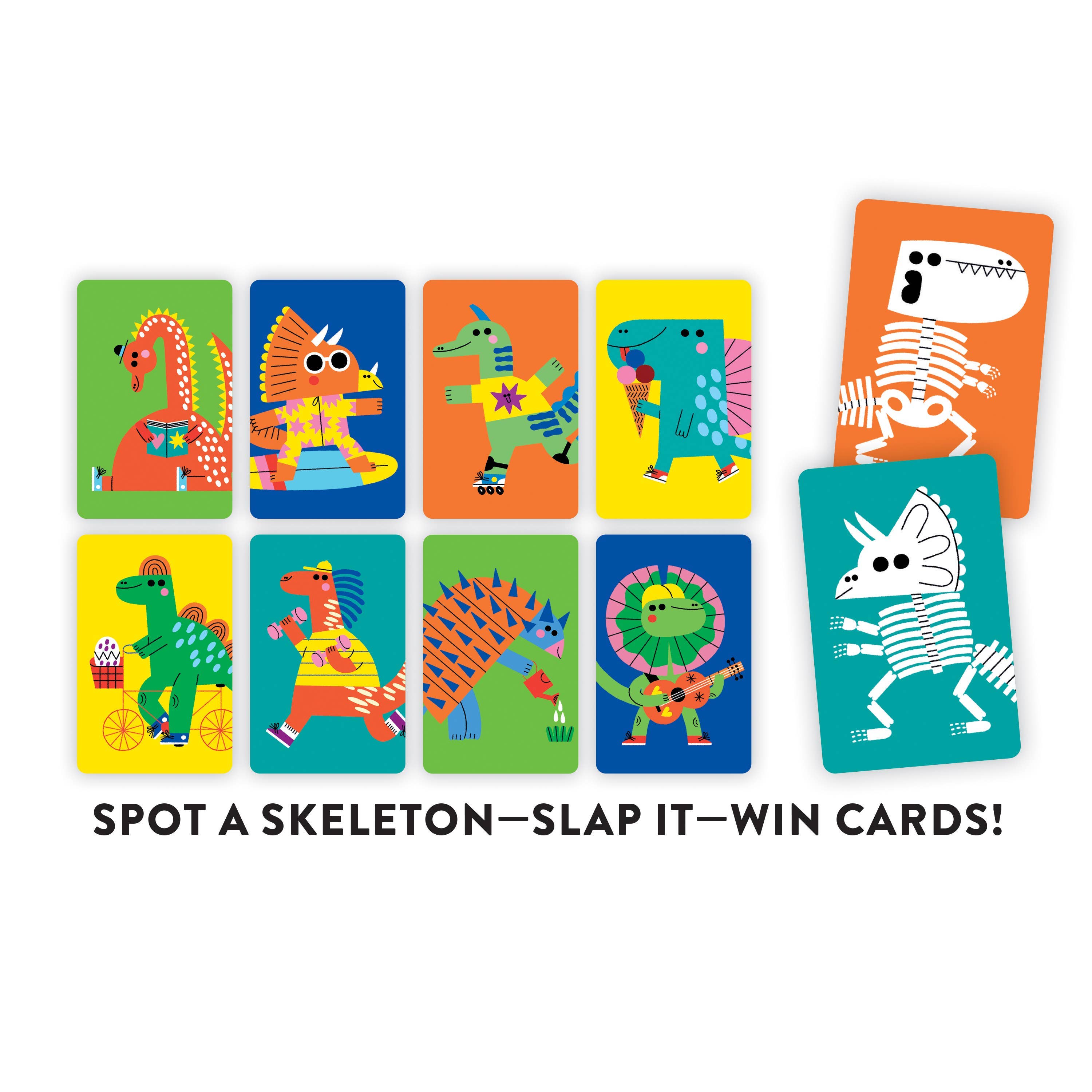 Colorful cards with dinosaur illustrations and a call to action text on a white background