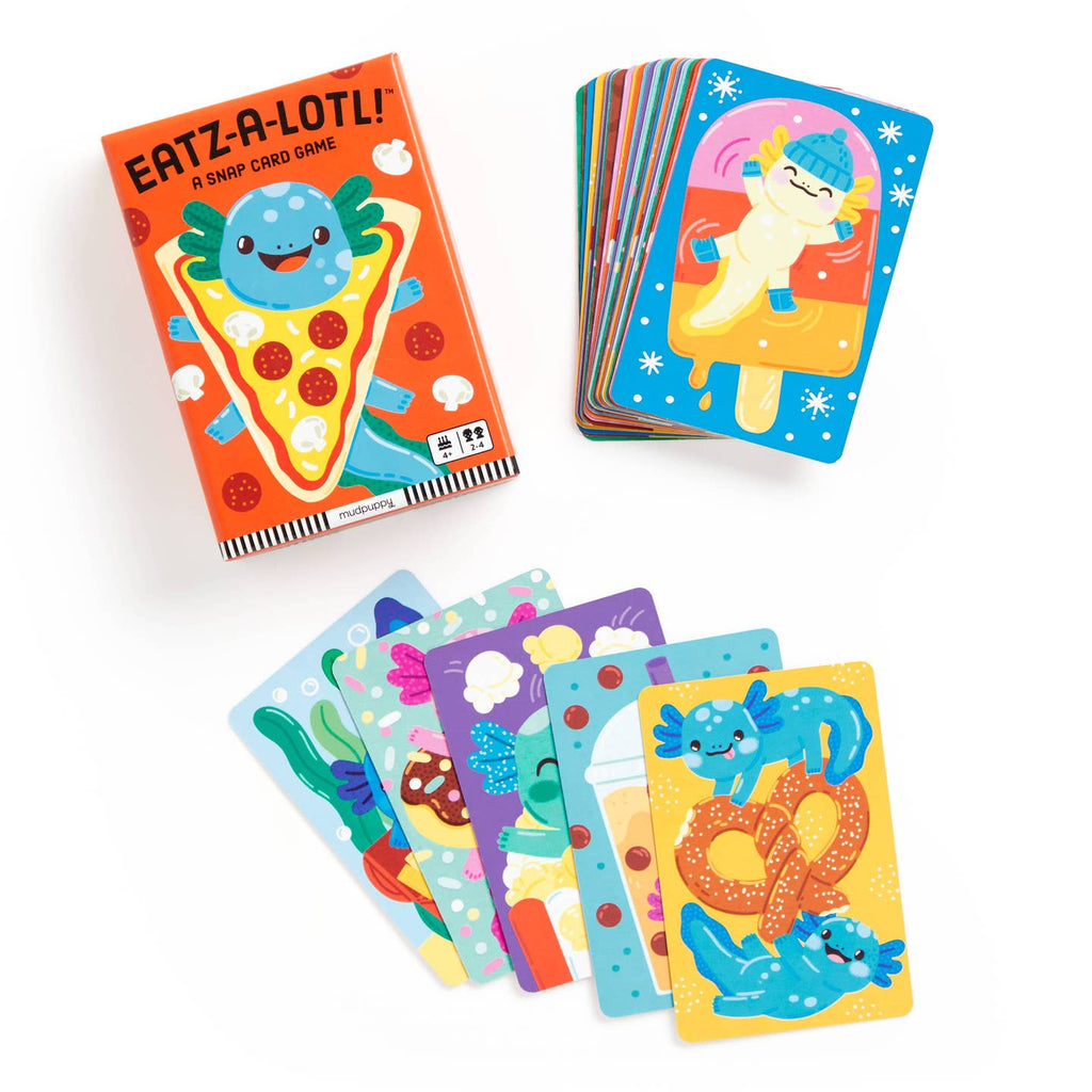 Colorful card game 'Eatz-A-Lotl!' with cartoon characters on a white background