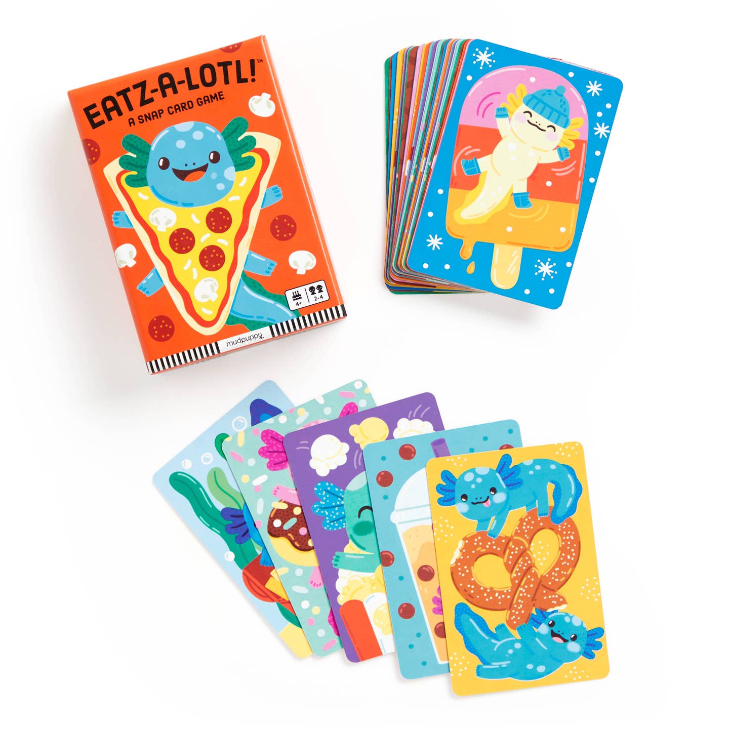 Colorful card game 'Eatz-A-Lotl!' with cartoon characters on a white background