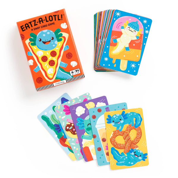 Colorful card game 'Eatz-A-Lotl!' with cartoon characters on a white background