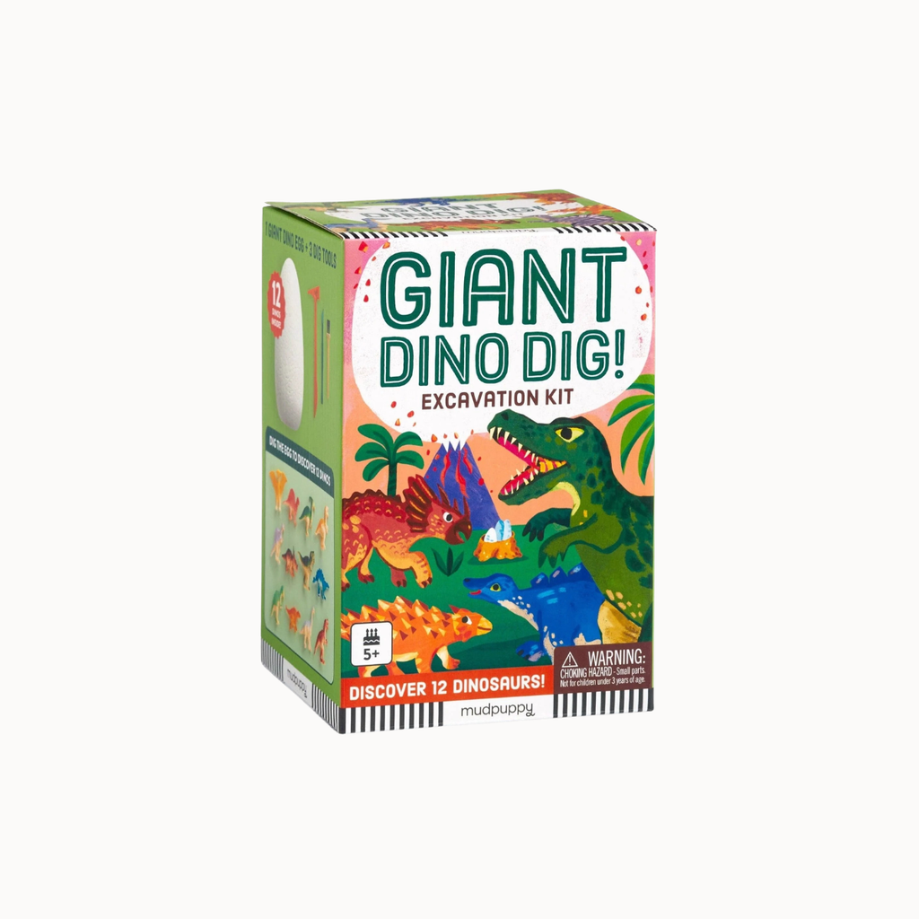 Mudpuppy Giant Dino Dig! Excavation Kit box, featuring colorful dinosaur illustrations and bold green title text on a white background.