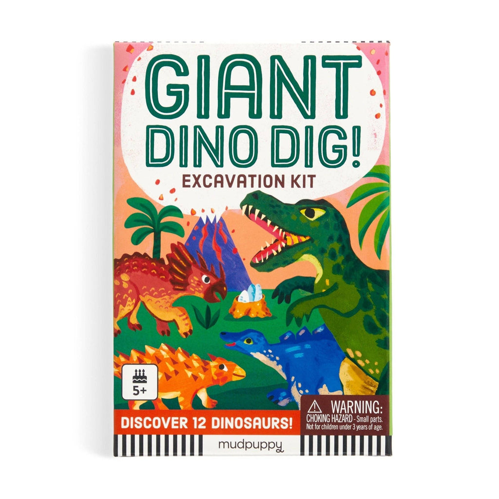 Giant Dino Dig excavation kit packaging with colorful dinosaurs and Mudpuppy branding.