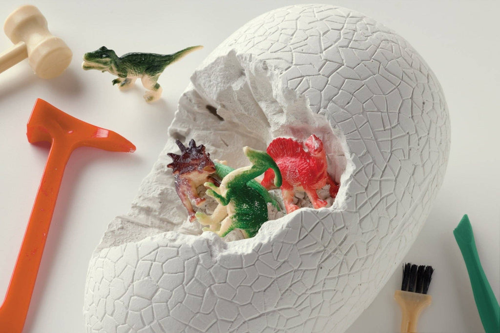 Dinosaur toy inside a cracked eggshell with tools on a white background