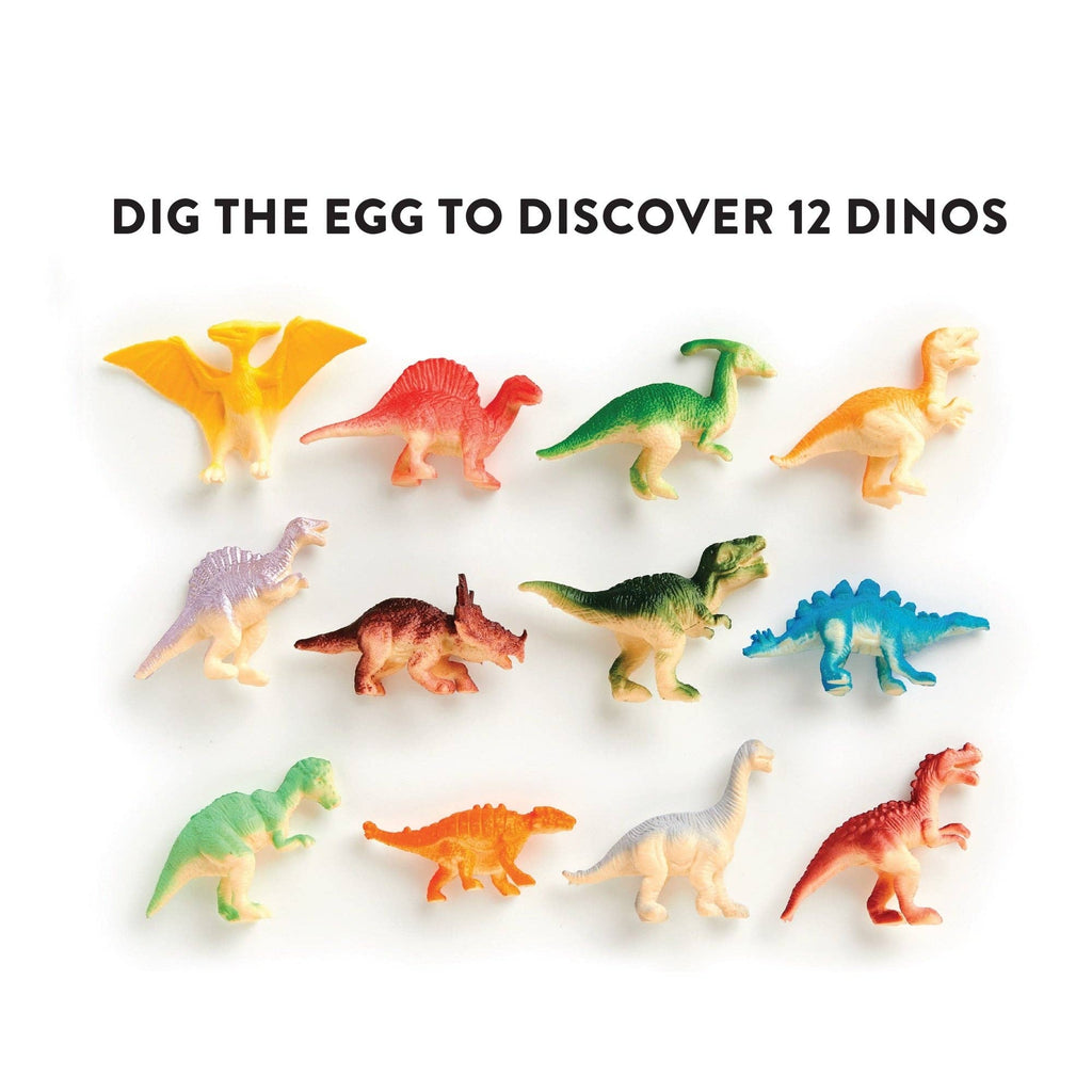 Set of colorful dinosaur toys with text on a white background