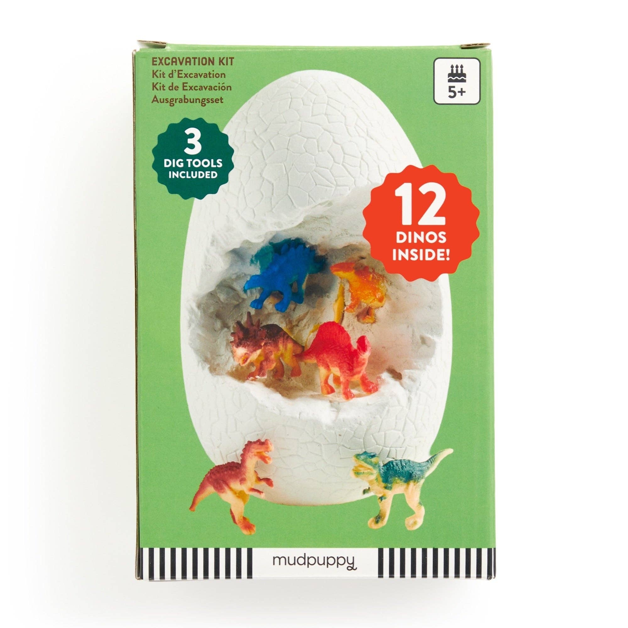 Dinosaur excavation kit packaging with colorful dinosaurs and tools on a green background