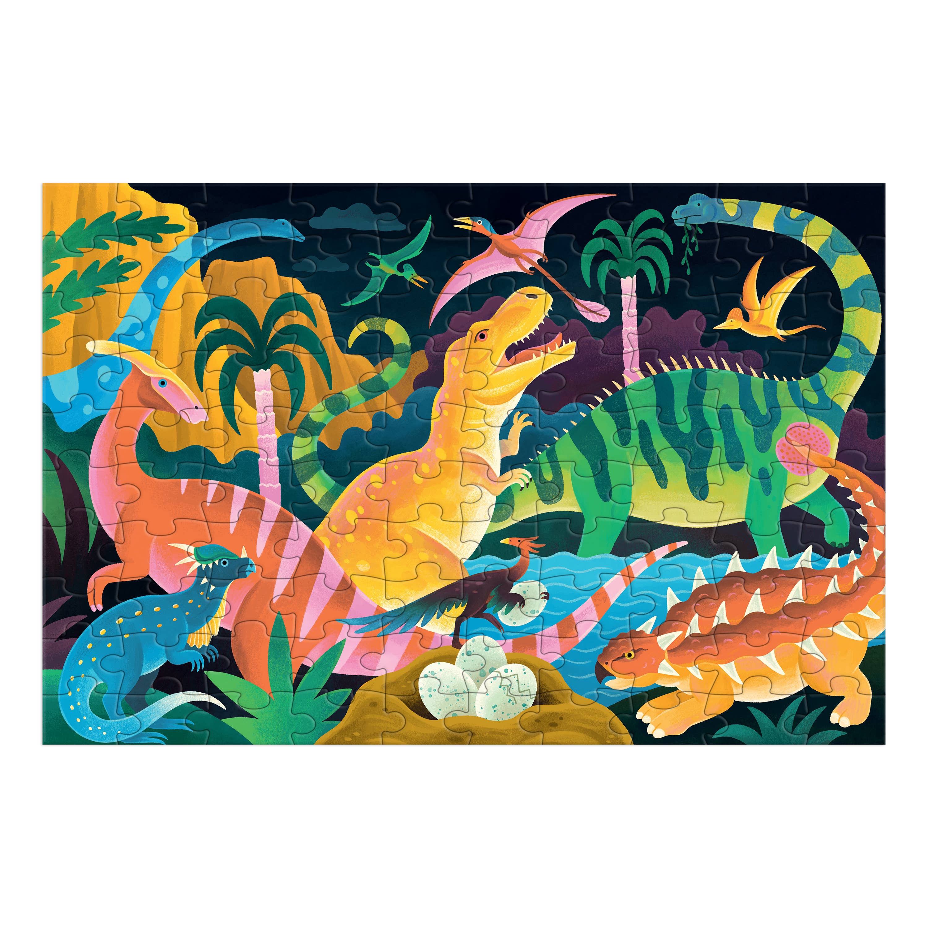 Colorful dinosaur puzzle with various dinosaurs and plants on a black background