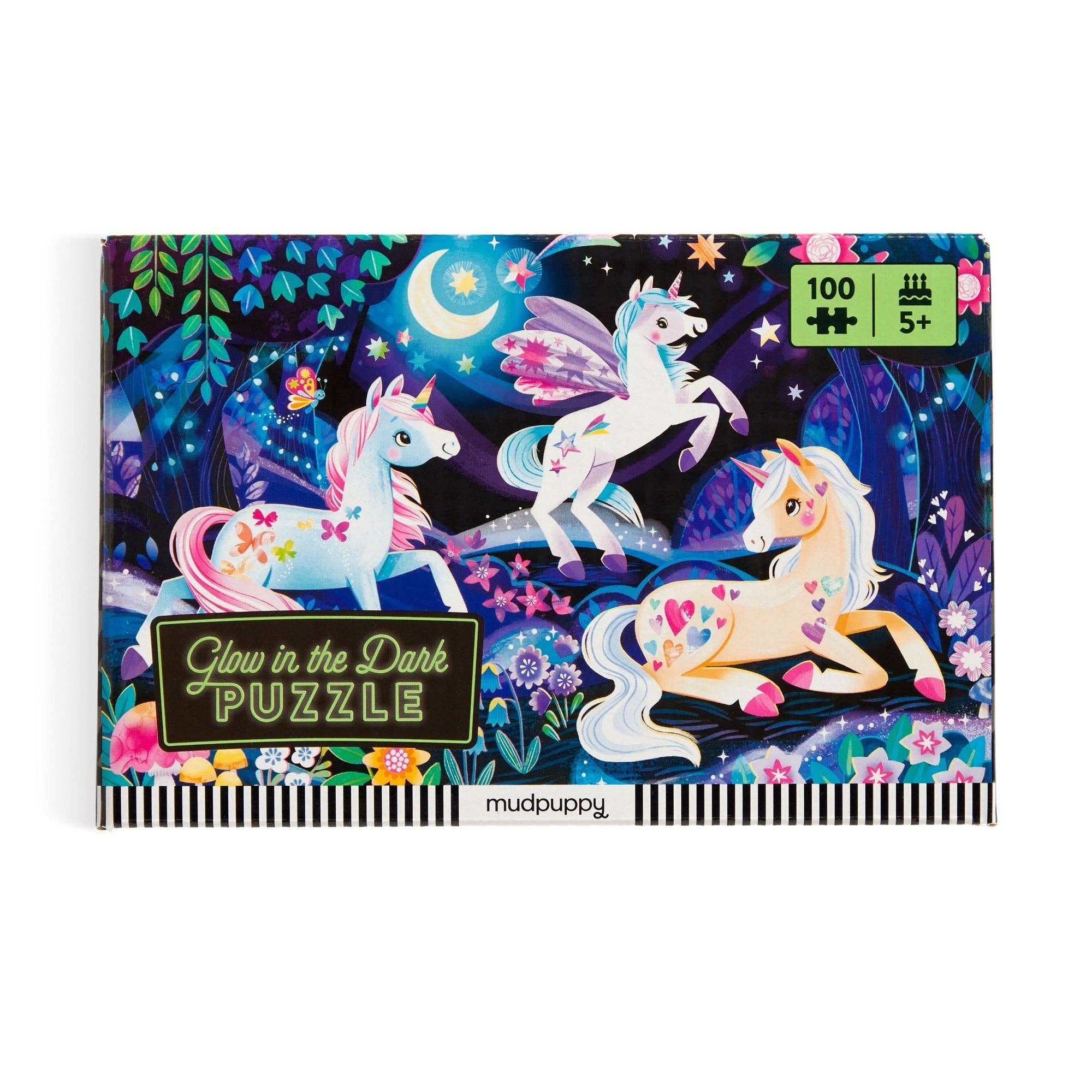 Unicorn-themed puzzle packaging with 'Glow in the Dark' text on a white background