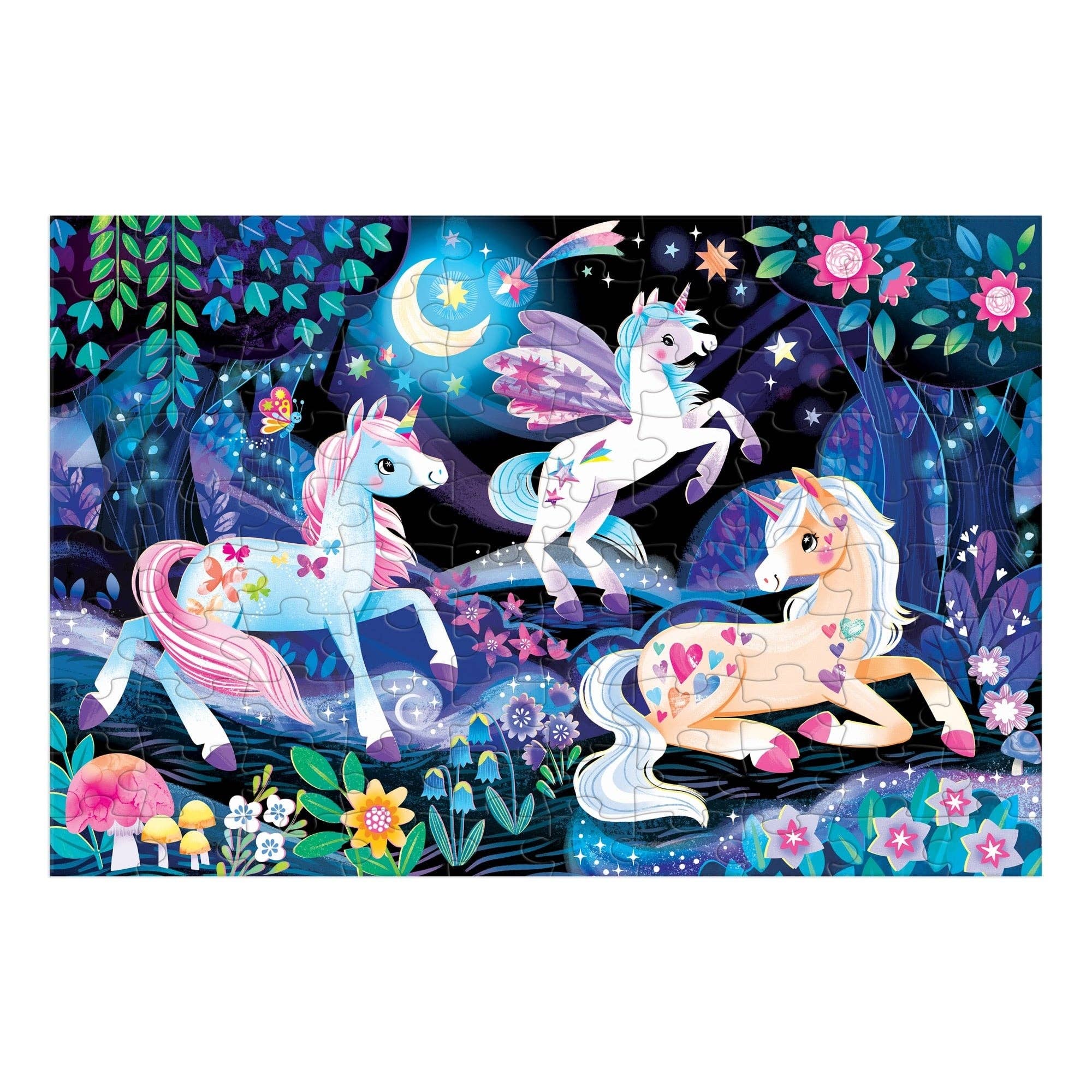 Unicorn-themed puzzle with three unicorns in a fantasy forest setting.