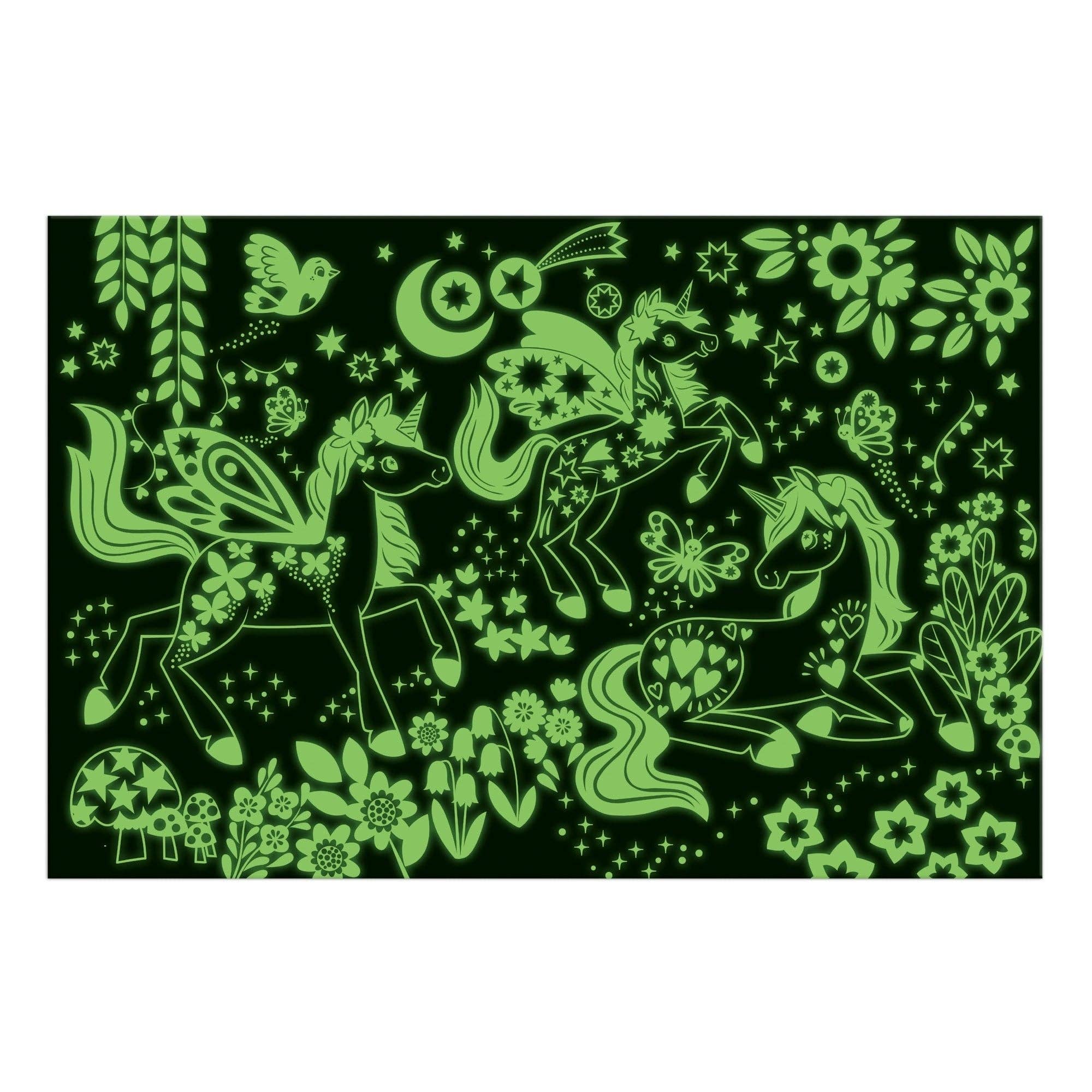 Glowing green unicorns and floral patterns on a black background