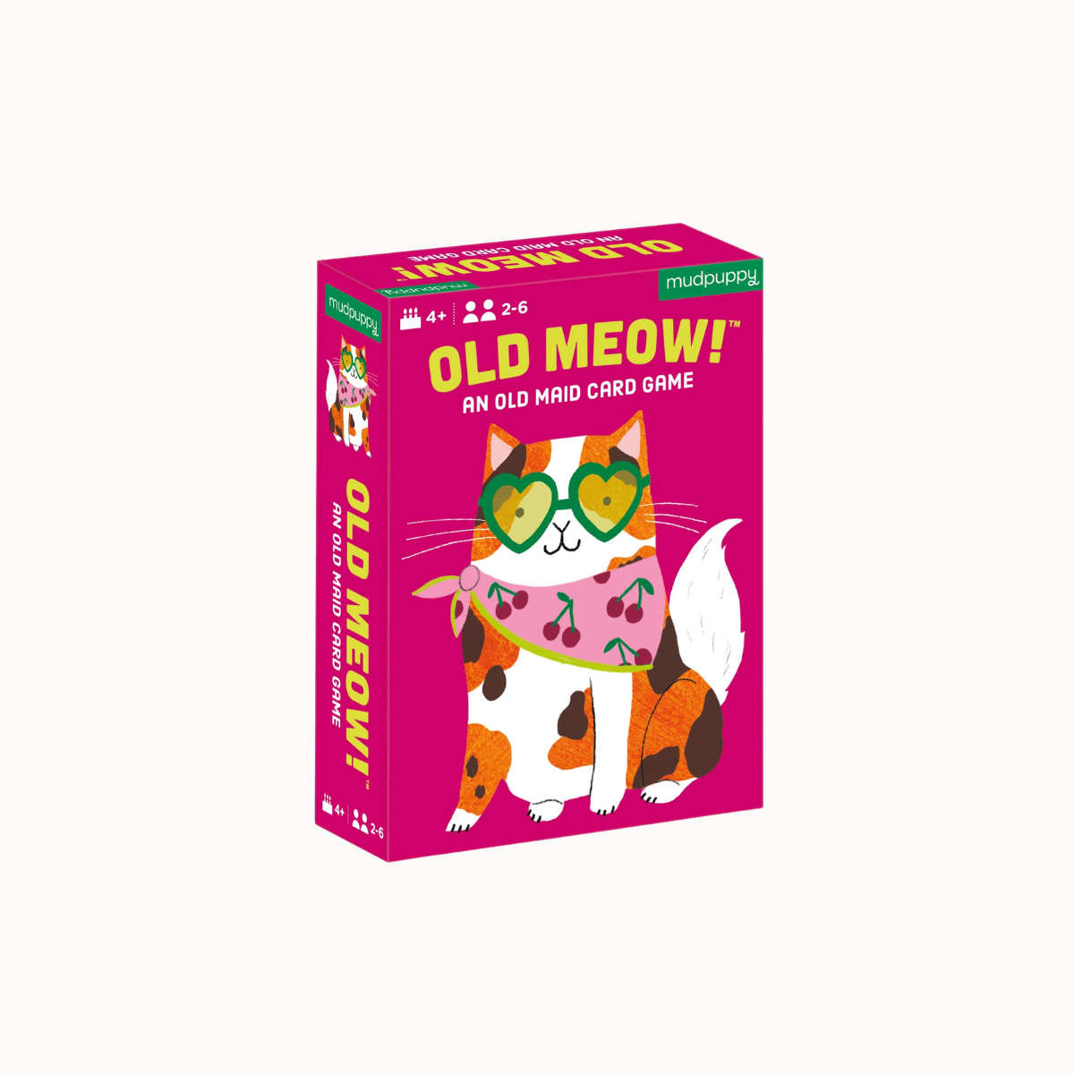 The product packaging for the 'Old Meow!' card game by Mudpuppy, featuring a bright magenta box with a cartoon calico cat wearing green heart-shaped sunglasses and a pink floral scarf.