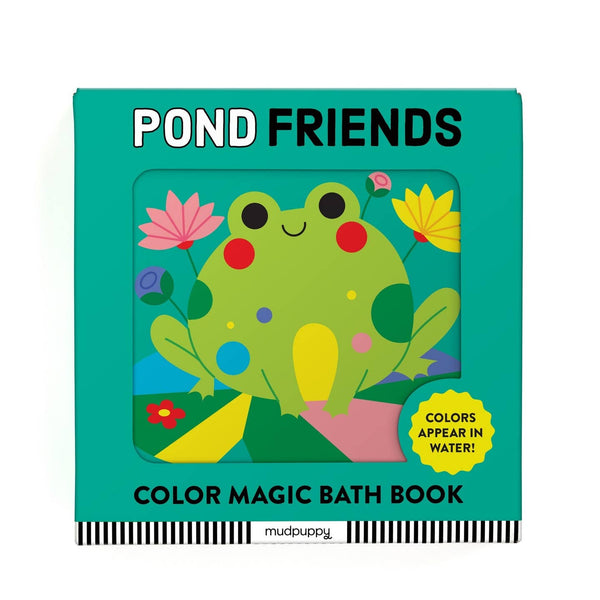 Color magic bath book titled 'Pond Friends' with a frog illustration on a teal background.