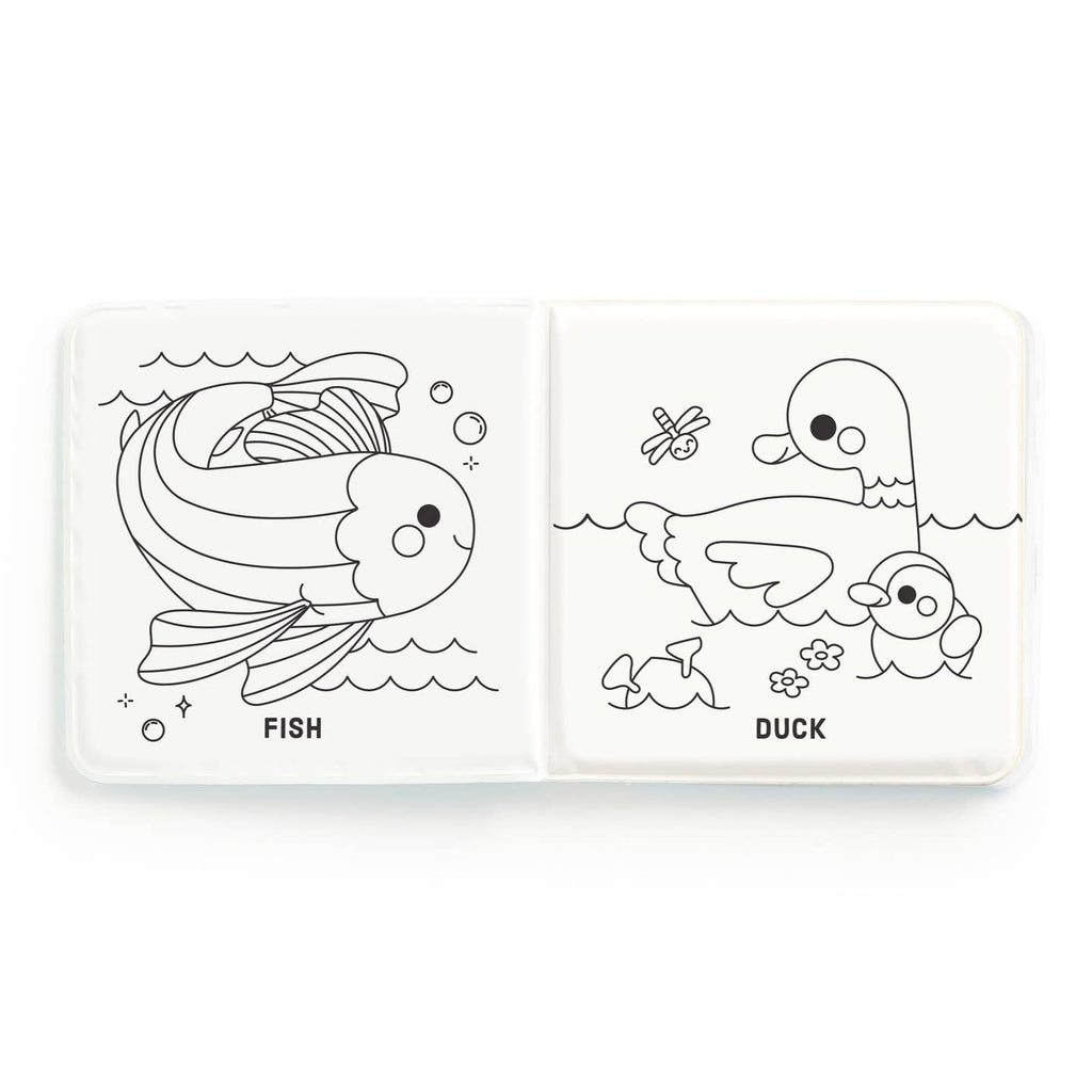 Coloring book open to pages with a fish and a duck illustration on a white background