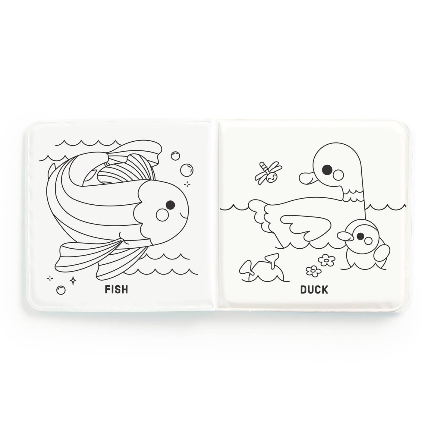 Coloring book open to pages with a fish and a duck illustration on a white background