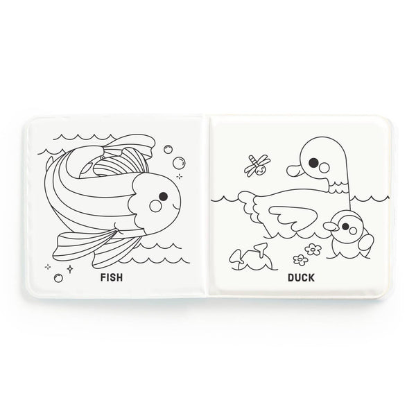 Coloring book open to pages with a fish and a duck illustration on a white background