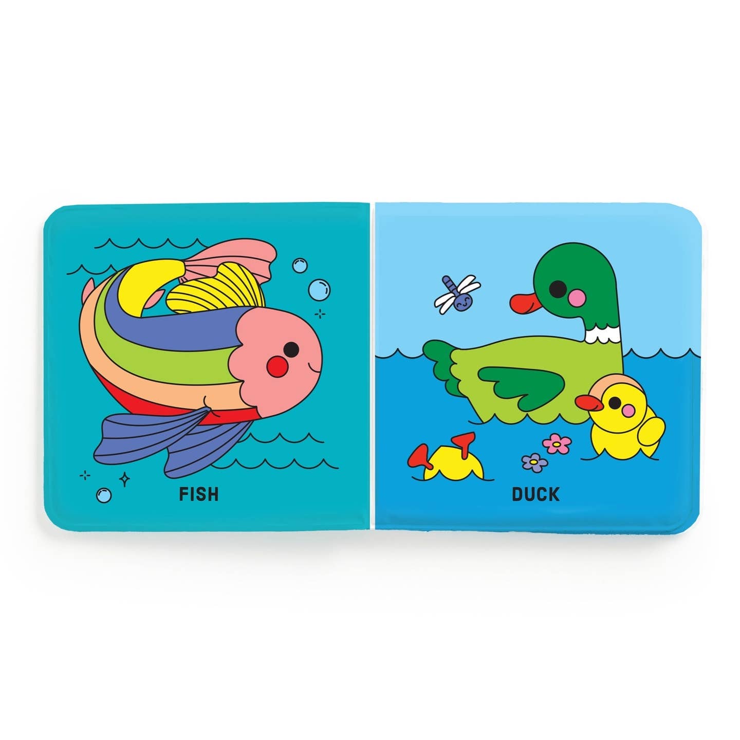 Children's book with illustrations of a fish and a duck on each page.