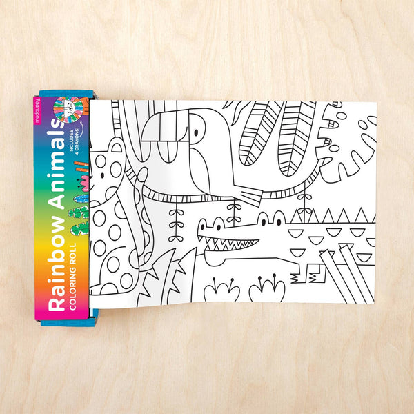 Coloring book with 'Rainbow Animals' cover and a coloring sheet on a wooden surface