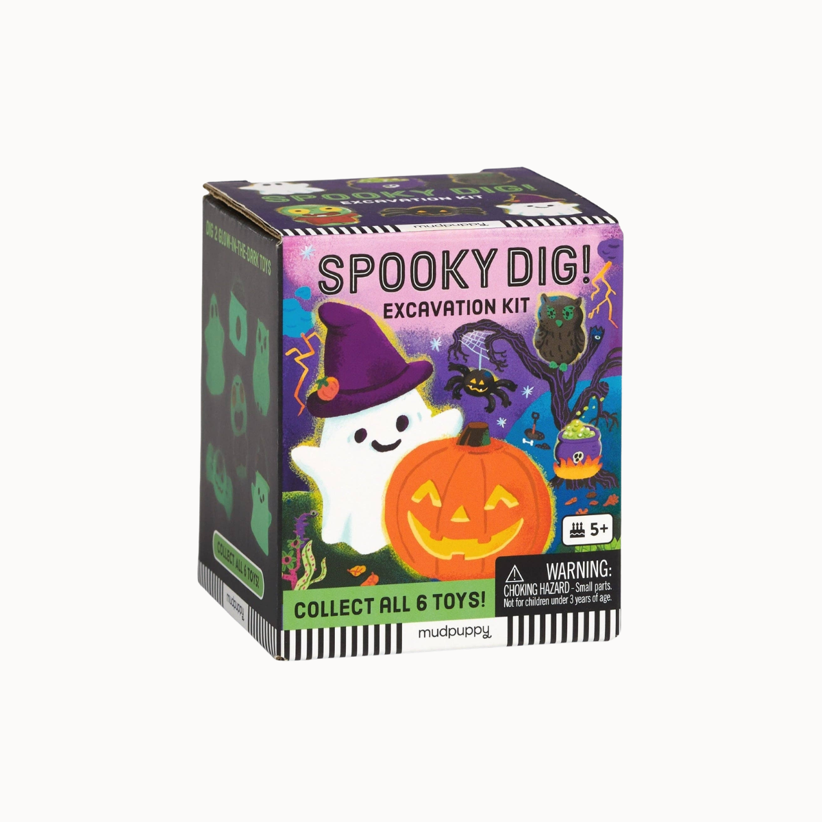 A boxed toy product labeled 'SPOOKY DIG! EXCAVATION KIT' on a plain light background. The box is Halloween-themed with a ghost, witch hat, pumpkin, spider, and spooky illustrations, plus a visible mudbug brand mark at the bottom.