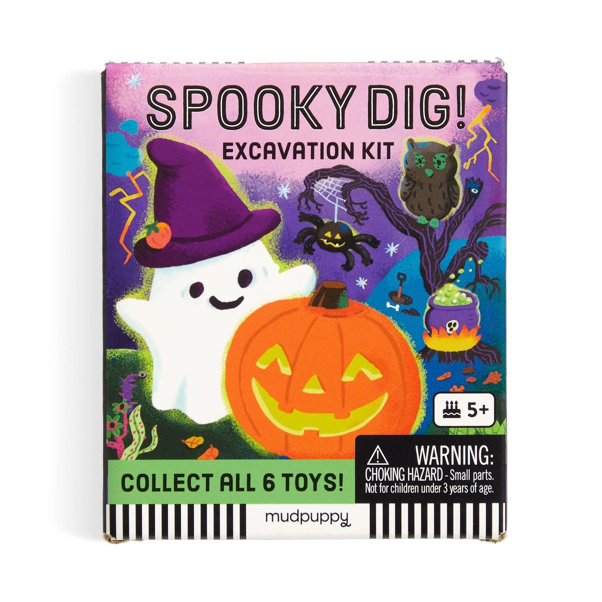 Spooky Dig! excavation kit packaging with ghost, pumpkin, and witch hat design on a colorful background.