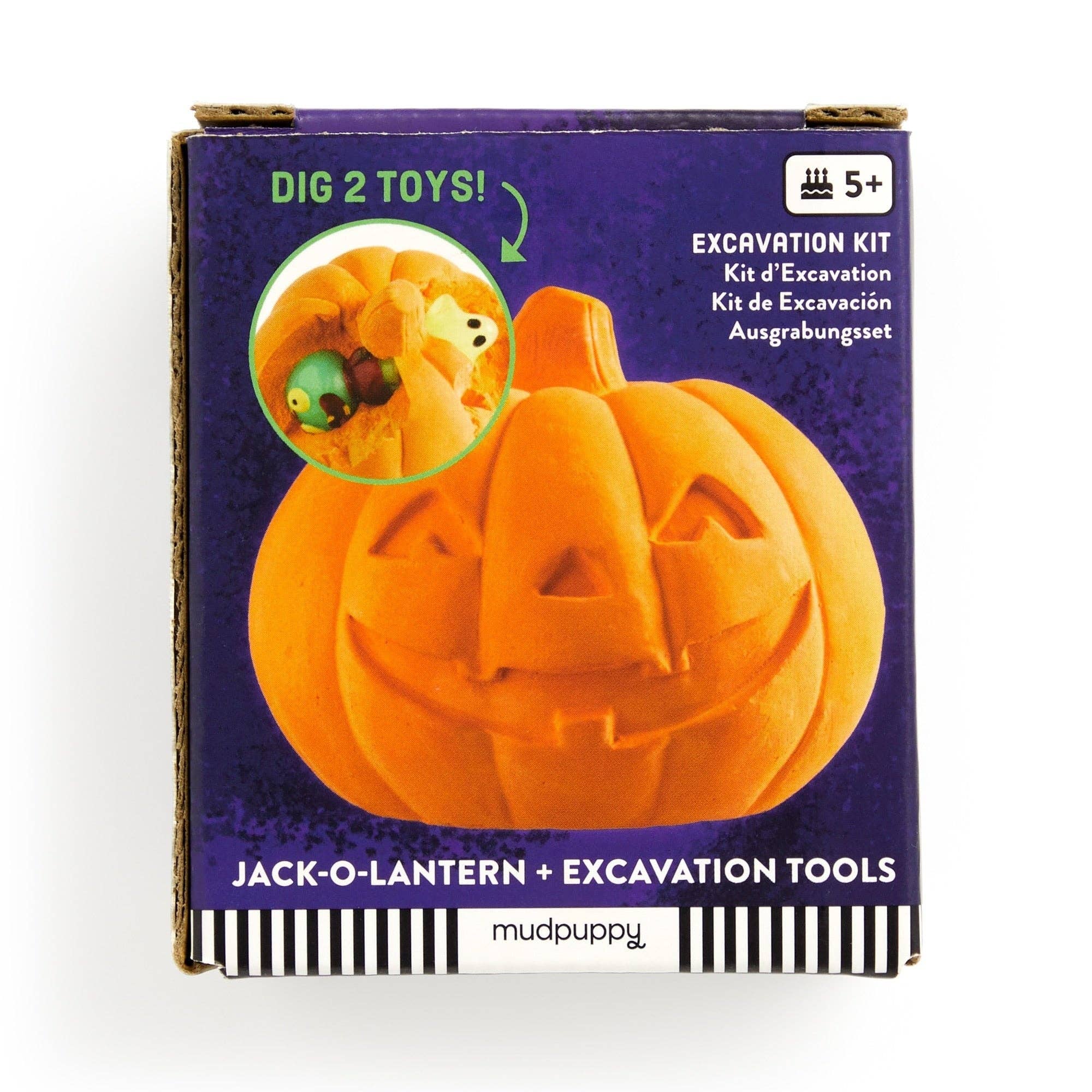 Box for a jack-o'-lantern excavation kit with pumpkin design and tools inside.