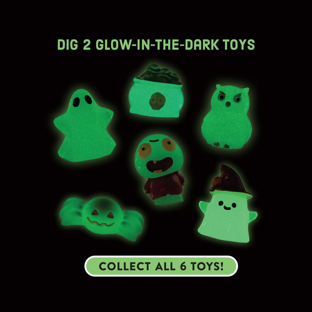 Glow-in-the-dark toys on a black background with text 'Dig 2 Glow-in-the-Dark Toys' and 'Collect All 6 Toys!'.