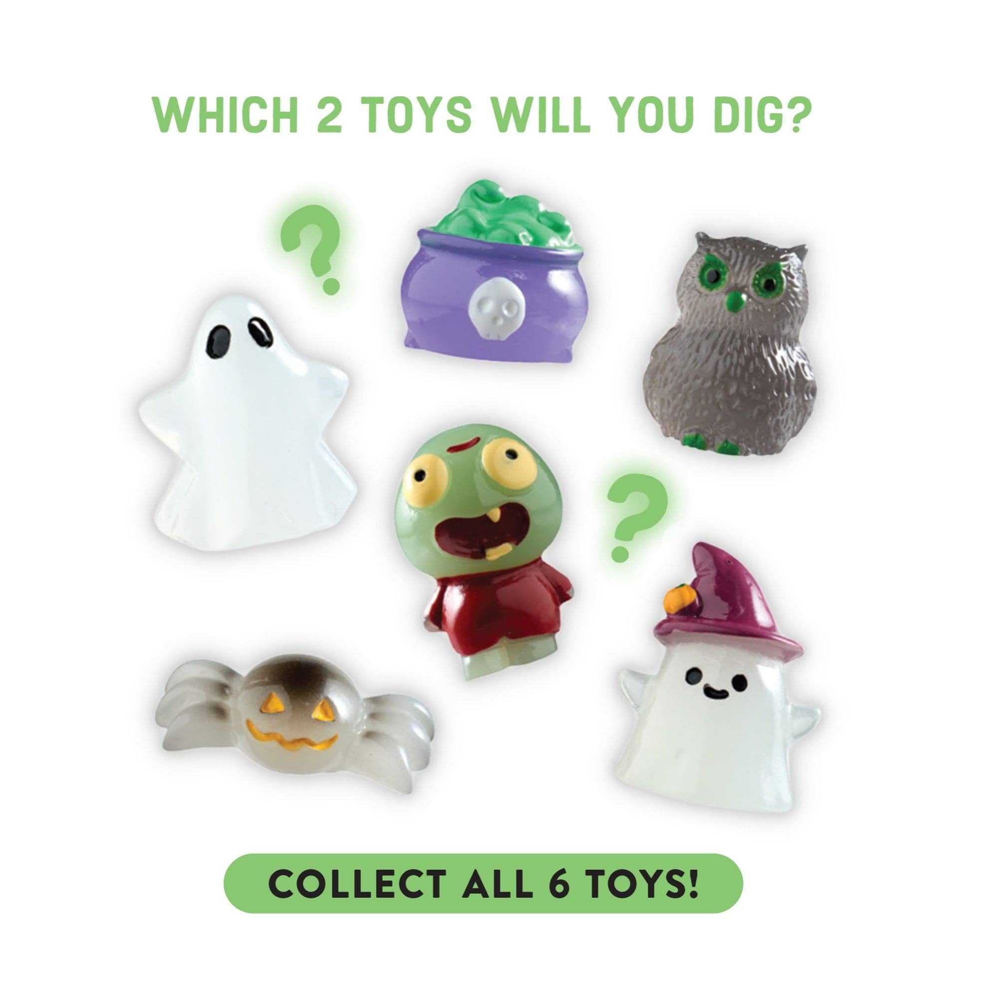 Set of Halloween-themed toys including a ghost, spider, owl, and more on a white background.