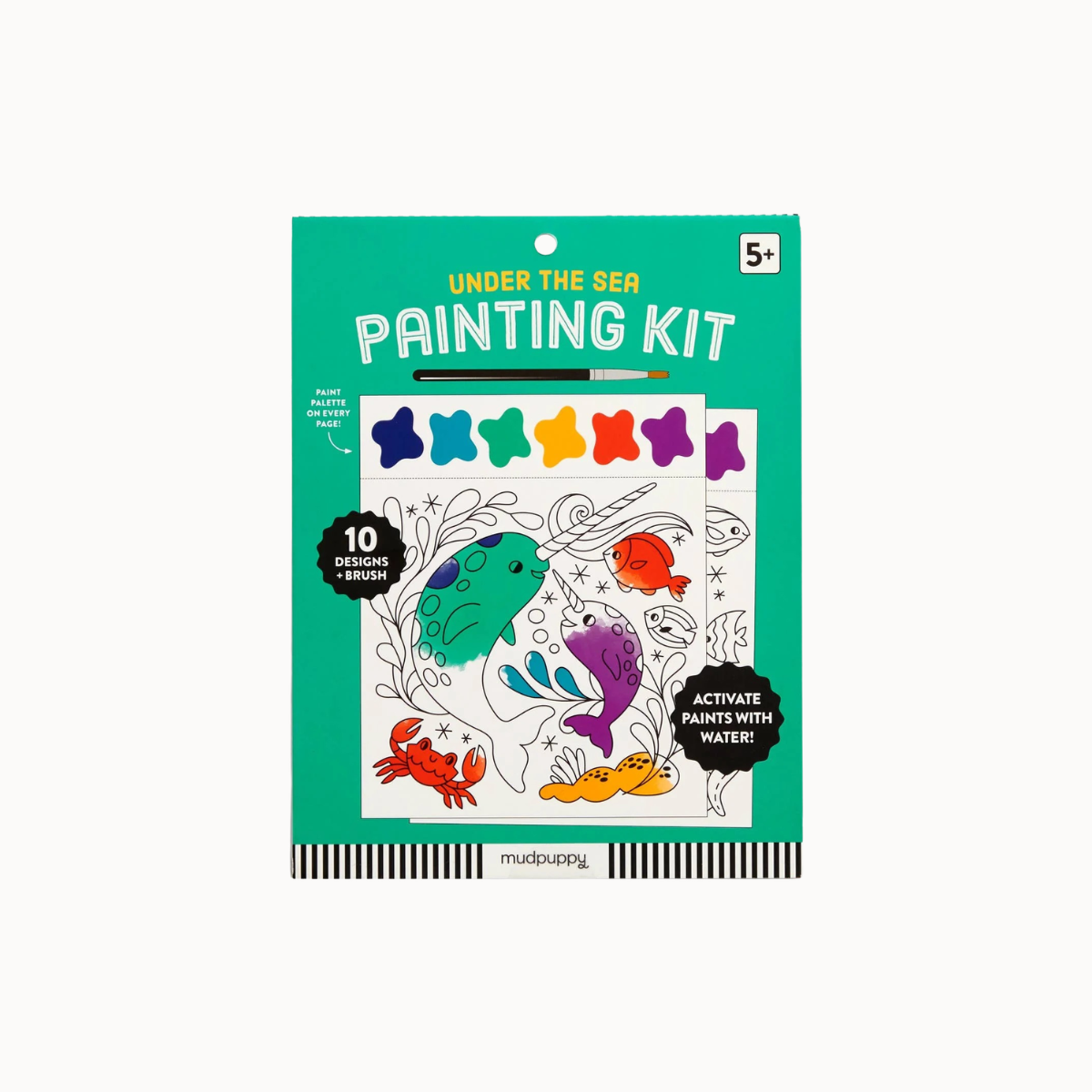 Under the Sea Painting Kit by Nubluogy, featuring a bright teal package with an illustrated underwater scene, watercolor palette, and black-and-white coloring pages, shown on a light gray background.
