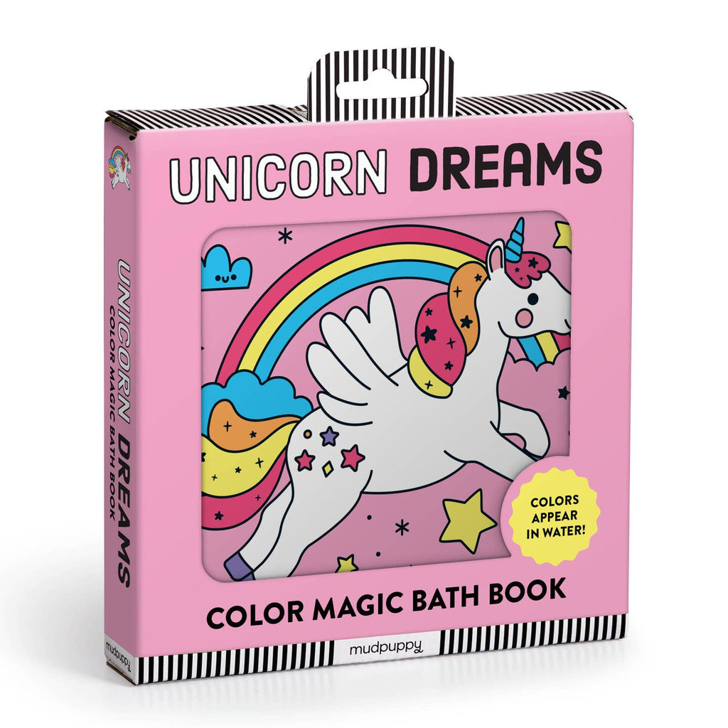 Pink packaging of 'Unicorn Dreams' color magic bath book with a unicorn and rainbow illustration.
