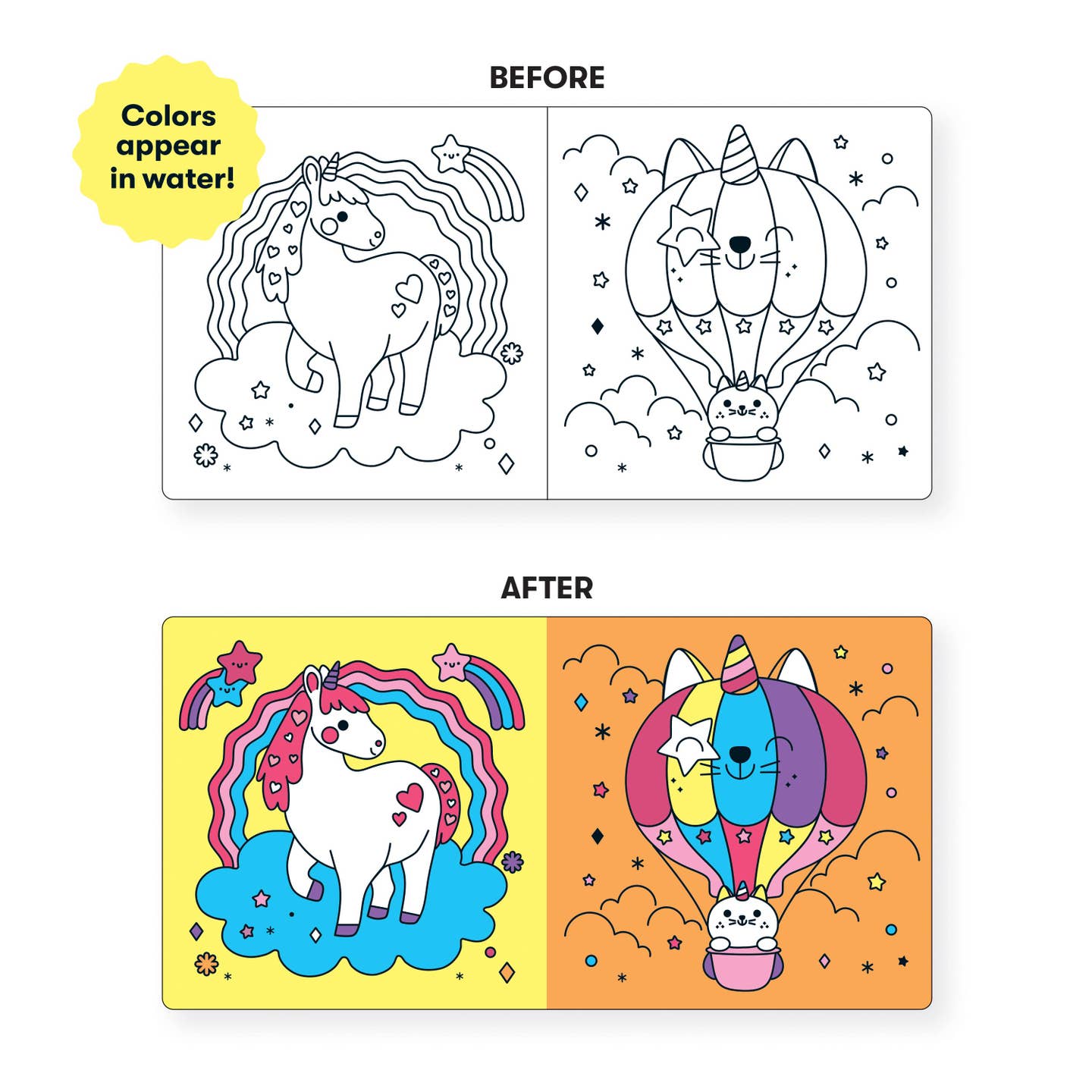 Before and after comparison of coloring pages with water-reactive colors.