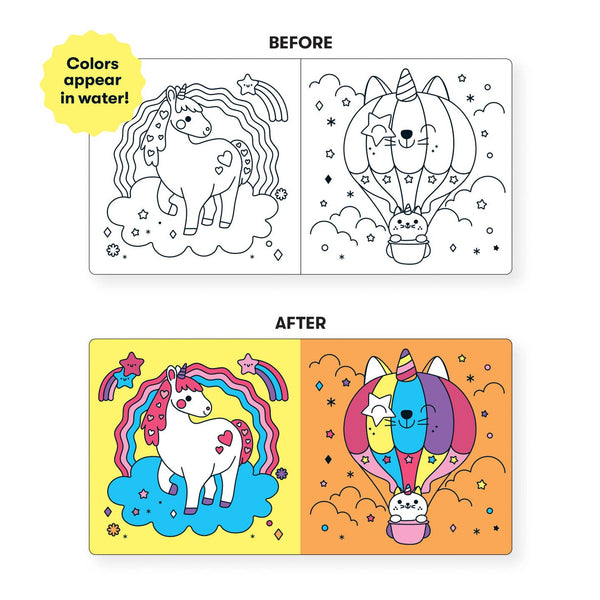Before and after comparison of coloring pages with water-reactive colors.