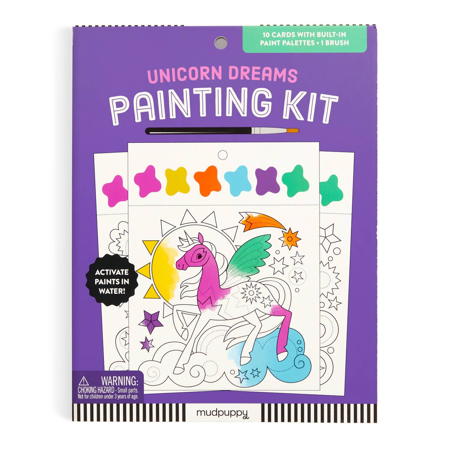 Unicorn Dreams painting kit packaging with a purple background and colorful unicorn illustration.