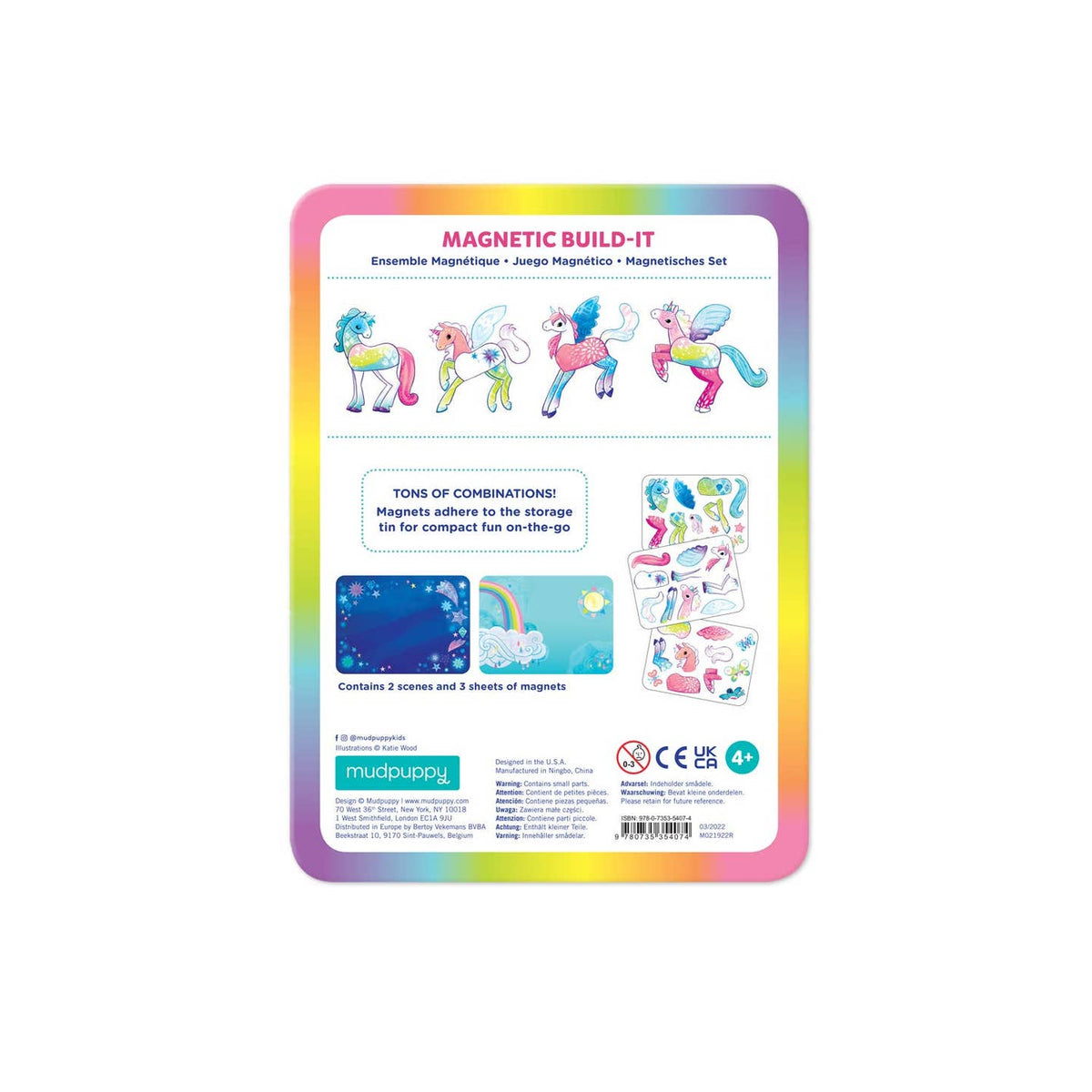 The back of a 'Magnetic Build-It' toy packaging card, featuring a colorful rainbow border, product illustrations of pastel unicorns, and instructions on how the magnets work, set against a plain white background.